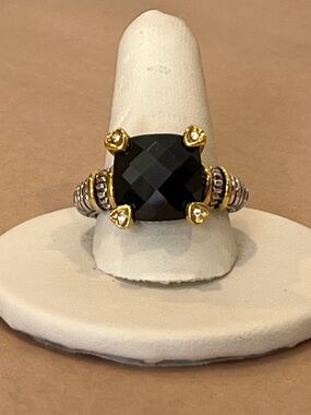 Two-Tone Twisted Cable Statement Ring with Faceted Black Stone & 18K GE Accents
